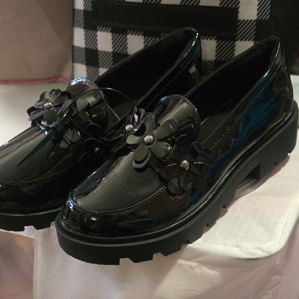 Black Floral Girls Loafers
